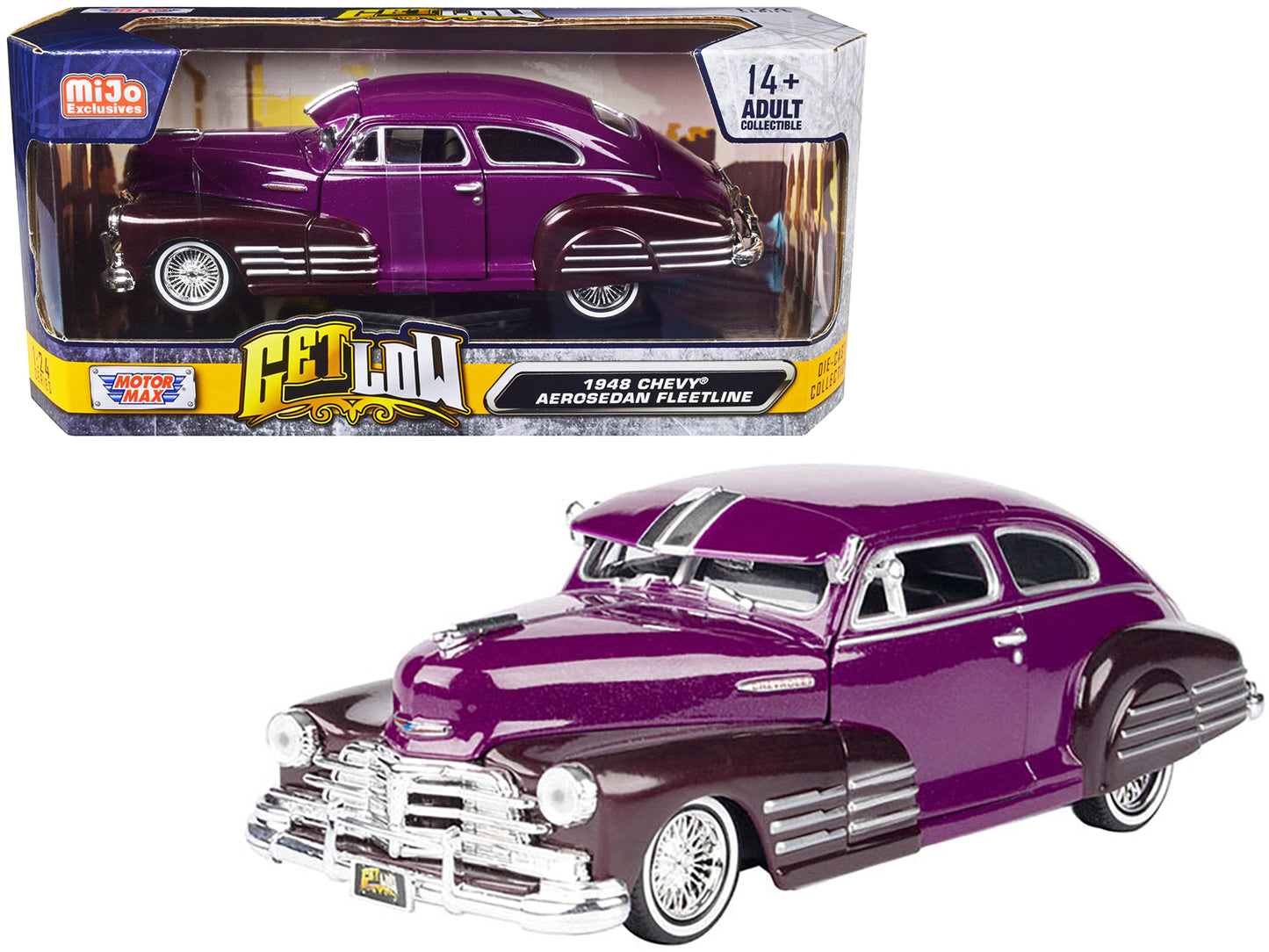 Motormax 1948 Chevrolet Aerosedan Fleetside Lowrider Purple Metallic and Dark Purple Metallic Two-Tone "Get Low" Series 1/24 Diecast Model Car by Motormax