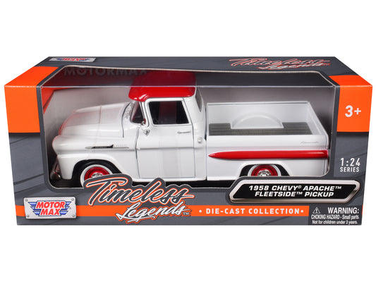 Motormax 1958 Chevrolet Apache Fleetside Pickup Truck White with Red Top "Timeless Legends" Series 1/24 Diecast Model Car by Motormax