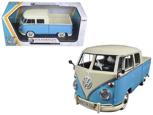 Motormax Volkswagen Type 2 (T1) Double Cab Pickup Truck Light Blue and Cream 1/24 Diecast Model Car by Motormax