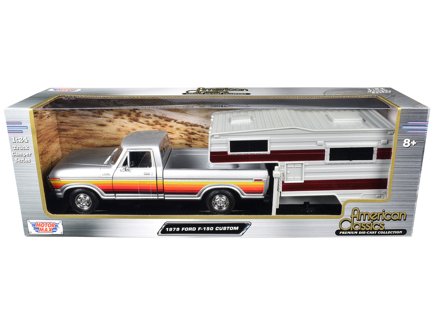 Motormax 1979 Ford F-150 Custom Pickup Truck Silver Metallic with Side Stripes with Camper Shell "American Classics" Series 1/24 Diecast Model Car by Motormax