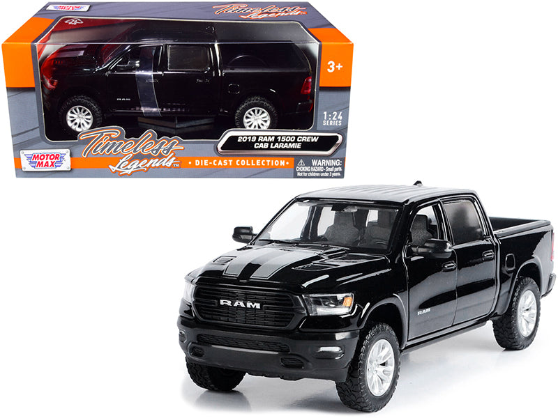 Motormax 2019 RAM 1500 Laramie Crew Cab Pickup Truck Black with Silver Stripes 1/24 Diecast Model Car by Motormax