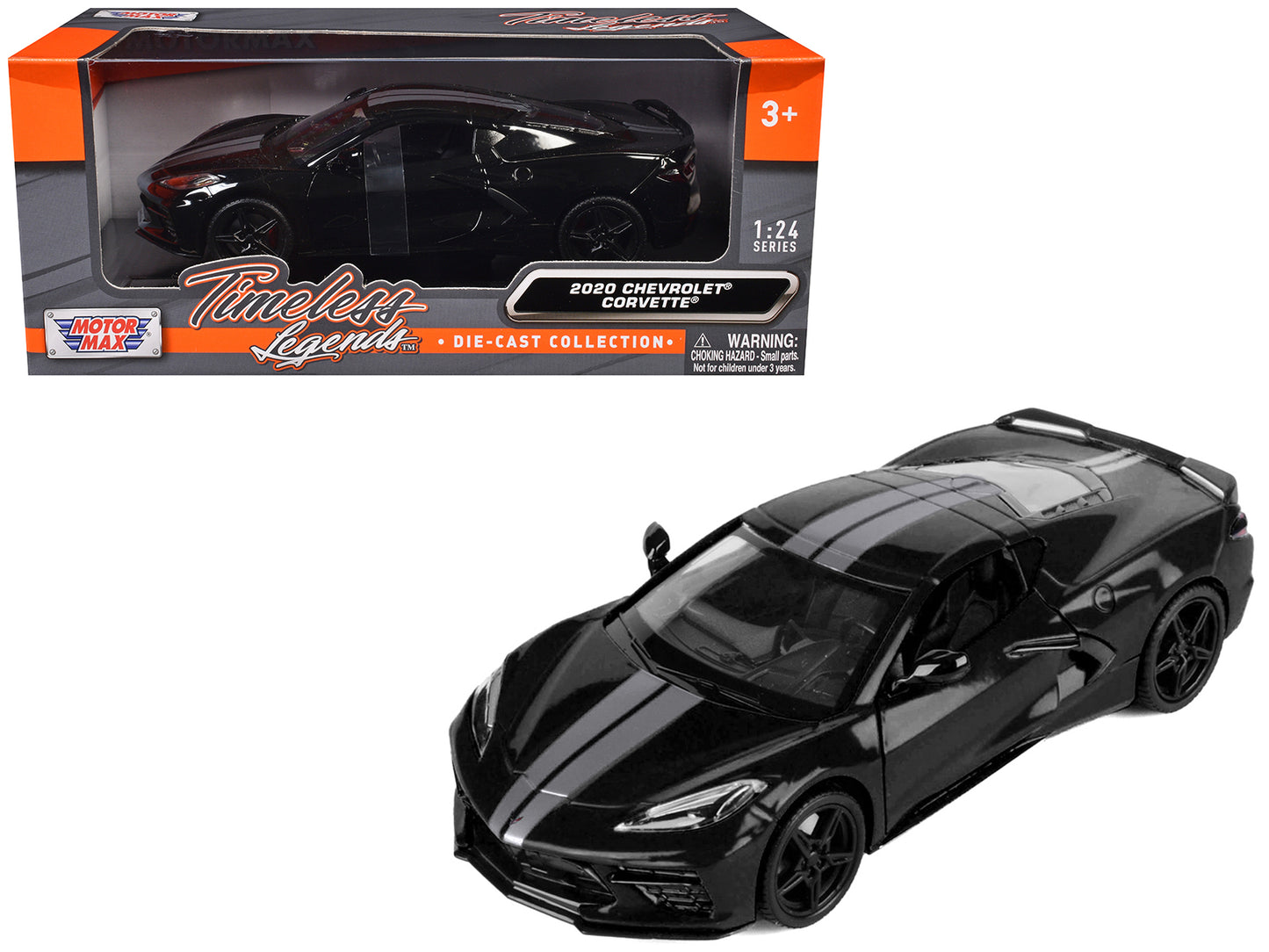 Motormax 2020 Chevrolet Corvette C8 Stingray Black with Silver Stripes "Timeless Legends" Series 1/24 Diecast Model Car by Motormax