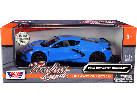 Motormax 2020 Chevrolet Corvette C8 Stingray Blue with Silver Racing Stripes "Timeless Legends" 1/24 Diecast Model Car by Motormax