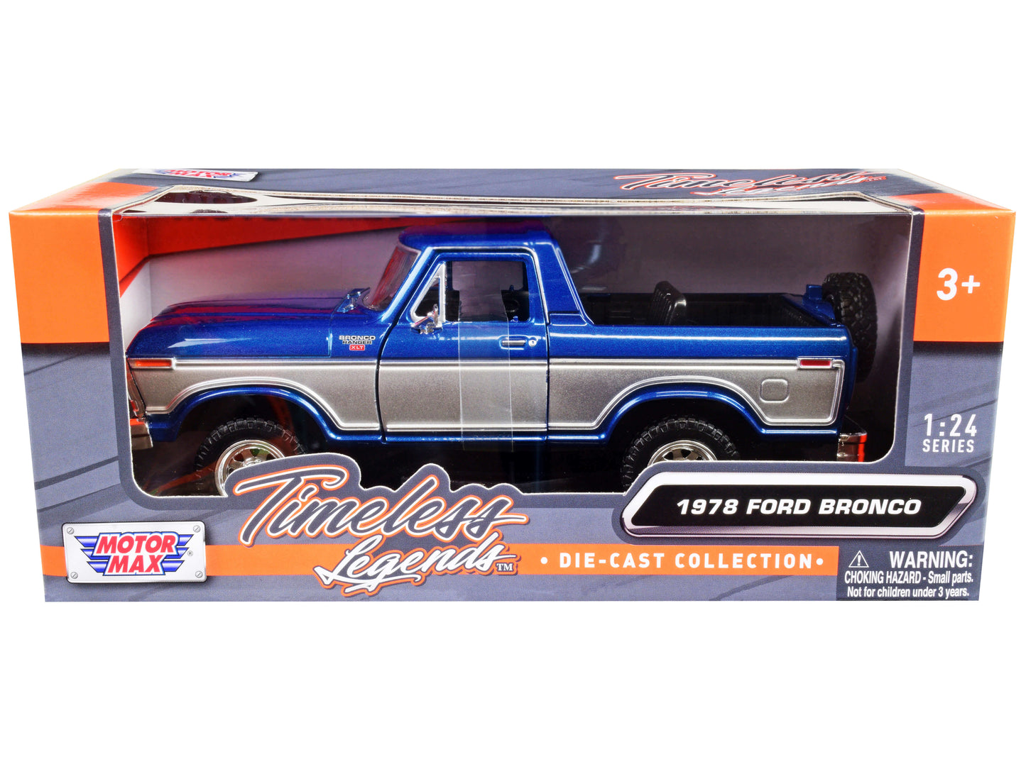 Motormax 1978 Ford Bronco Ranger XLT (Open Top) with Spare Tire Blue Metallic and Silver "Timeless Legends" Series 1/24 Diecast Model Car by Motormax