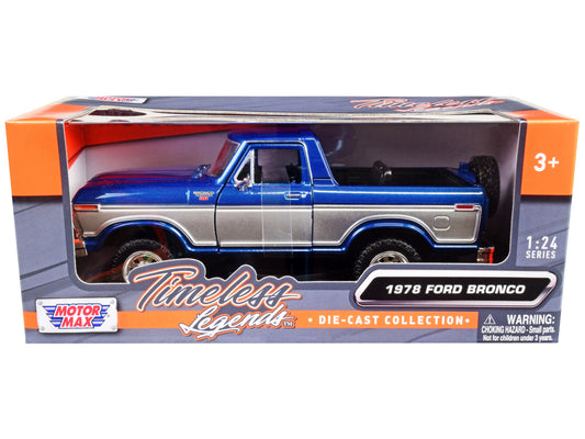 Motormax 1978 Ford Bronco Ranger XLT (Open Top) with Spare Tire Blue Metallic and Silver "Timeless Legends" Series 1/24 Diecast Model Car by Motormax