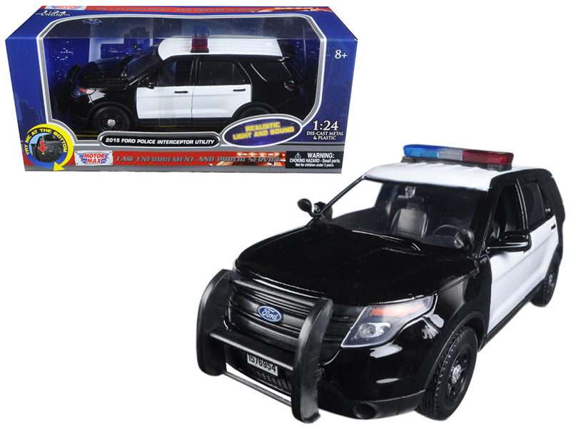 Motormax 2015 Ford Police Interceptor Utility Black and White with Flashing Light Bar and Front and Rear Lights and 2 Sounds 1/24 Diecast Model Car by Motormax
