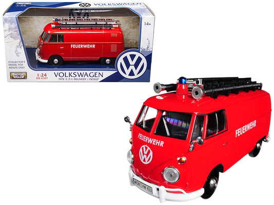 Motormax Volkswagen Type 2 (T1) Fire Van "Feuerwehr" Red 1/24 Diecast Model Car by Motormax