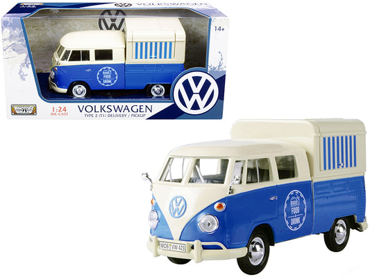 Motormax Volkswagen Type 2 (T1) Pickup Food Truck Cream and Blue 1/24 Diecast Model Car by Motormax
