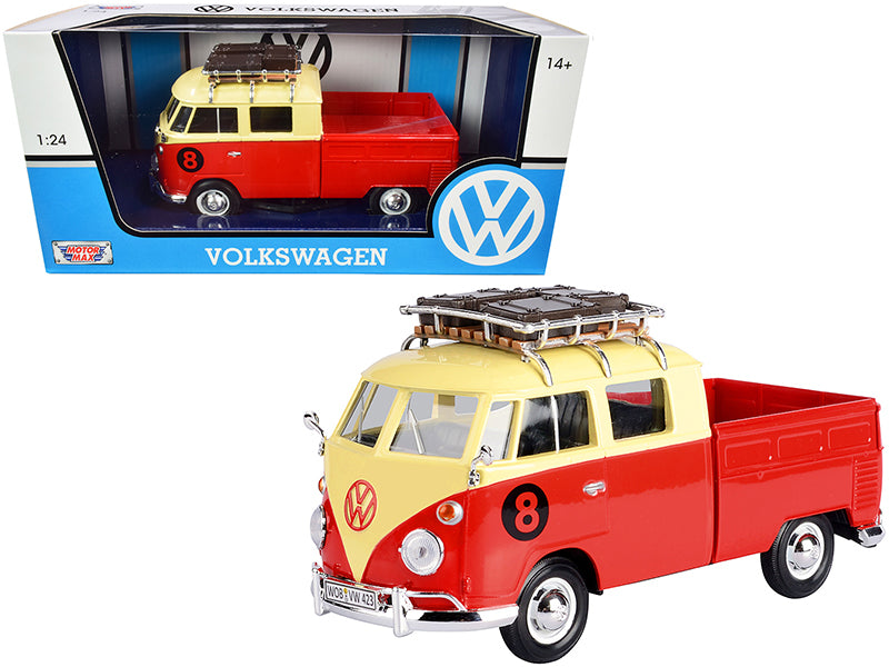 Motormax Volkswagen Type 2 (T1) #8 Pickup Truck with Roof Rack and Luggage Red and Yellow 1/24 Diecast Model Car by Motormax