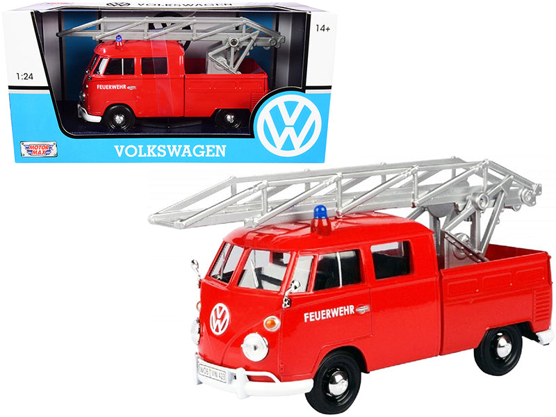 Motormax Volkswagen Type 2 (T1) Fire Truck with Aerial Ladder "Feuerwehr" Red 1/24 Diecast Model Car by Motormax