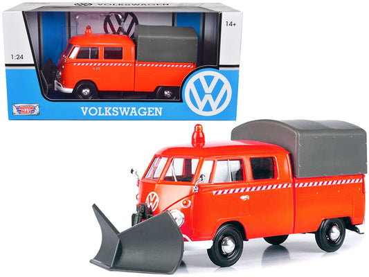 Motormax Volkswagen Type 2 (T1) Pickup Truck Orange with Snow Plow and Camper Shell 1/24 Diecast Model Car by Motormax