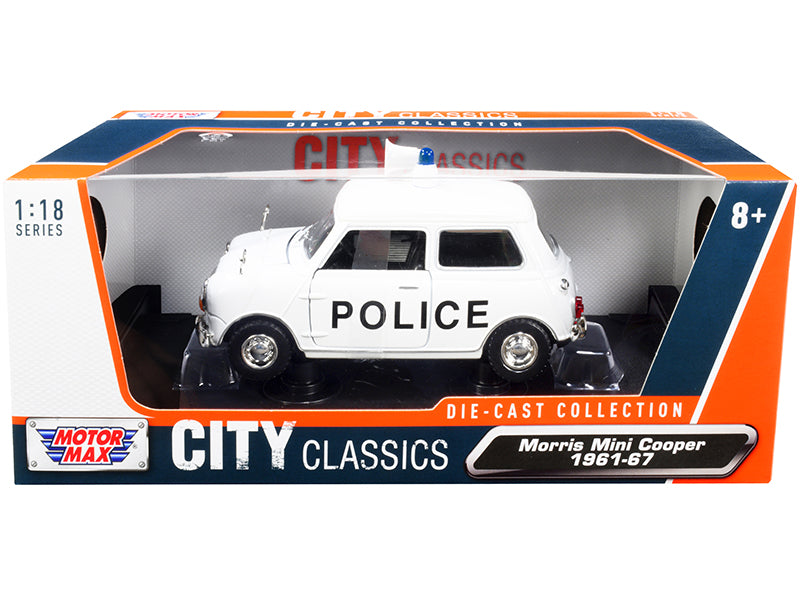 Motormax 1961-1967 Morris Mini Cooper RHD (Right Hand Drive) "Police" White "City Classics" Series 1/18 Diecast Model Car by Motormax