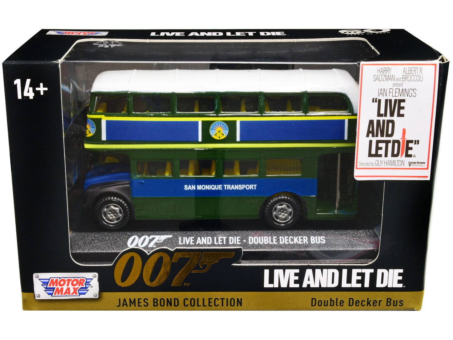 Motormax Double Decker Bus "San Monique Transport" James Bond 007 "Live and Let Die" (1973) Movie "James Bond Collection" Series Diecast Model Car by Motormax