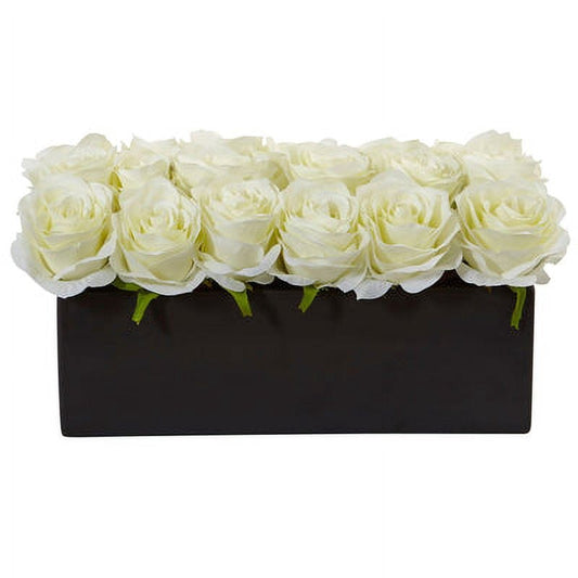 6" Roses in Black Rectangular Planter White