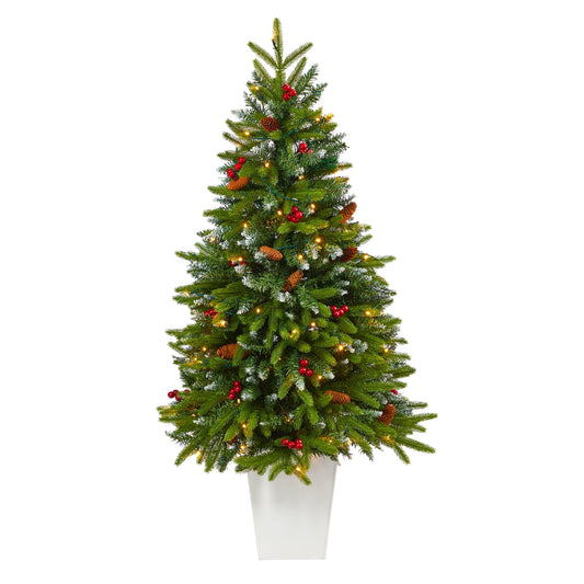 56" Snow Tipped Christmas Tree w/100 LED in White Planter