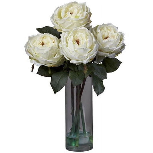 Fancy Rose w/Cylinder Vase Silk Flower Arrangement White