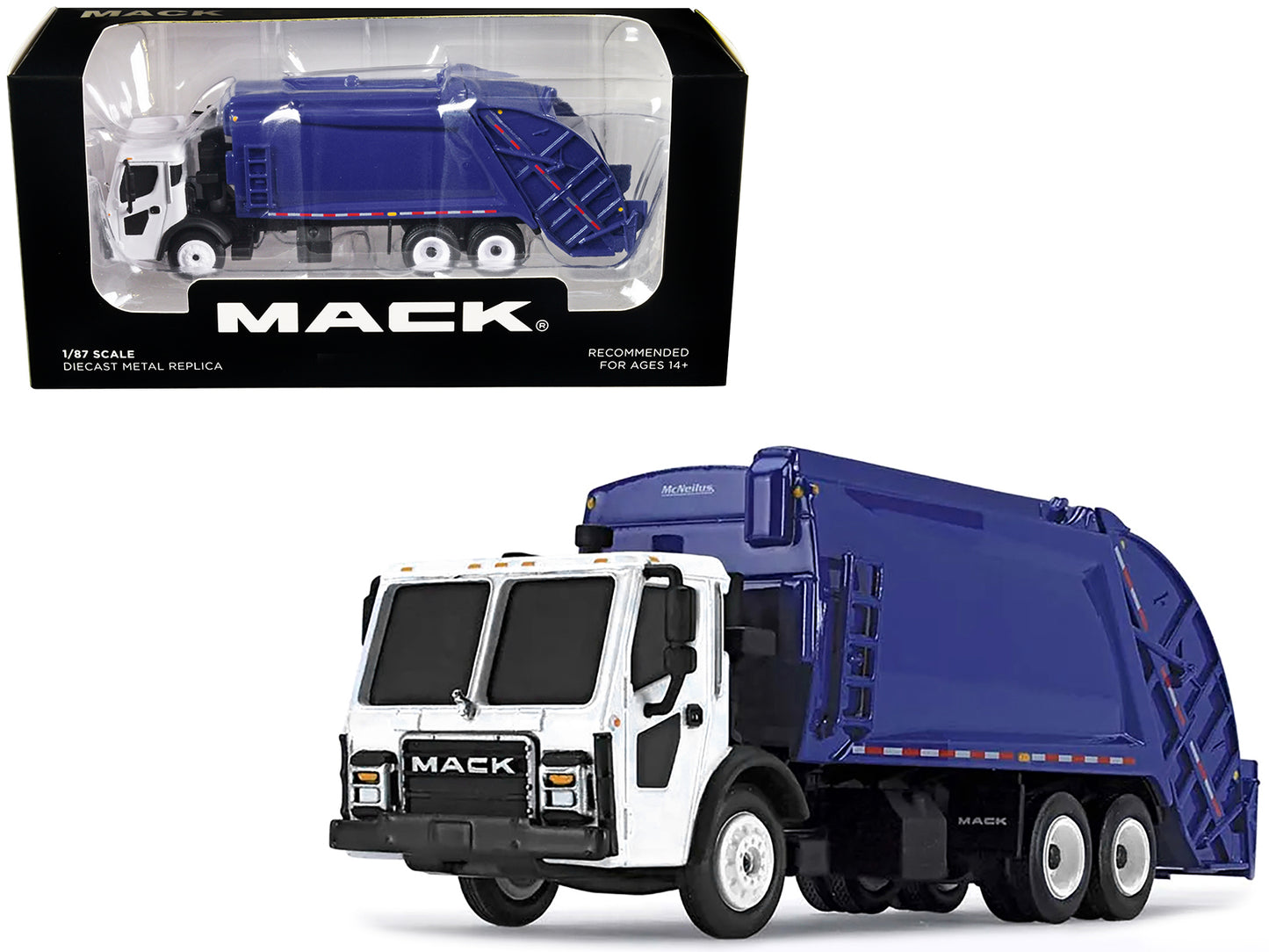 First Gear Mack LR with McNeilus Rear Load Refuse Body Blue and White 1/87 (HO) Diecast Model by First Gear