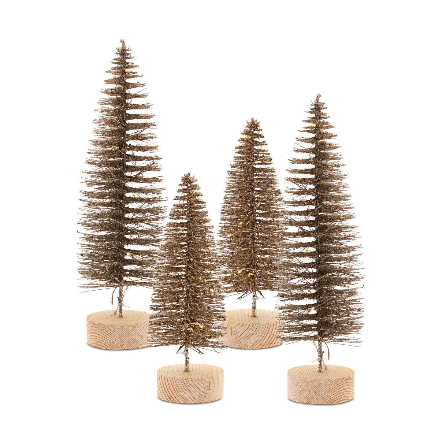 LED Lighted Bronze Bottle Brush Tree with Wood Base (Set of 4)