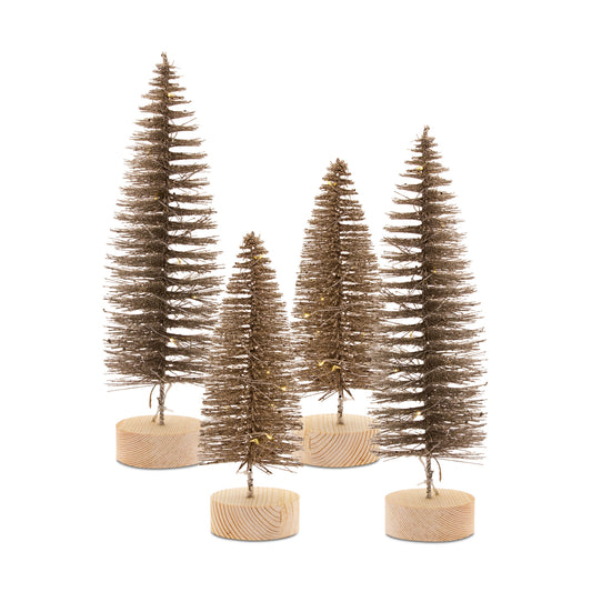 LED Lighted Bronze Bottle Brush Tree with Wood Base (Set of 4)