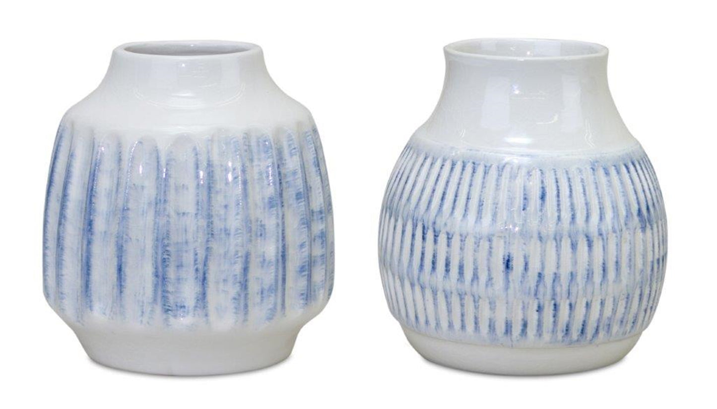 Ribber Ceramic Vase with Washed Blue Finish (Set of 2)