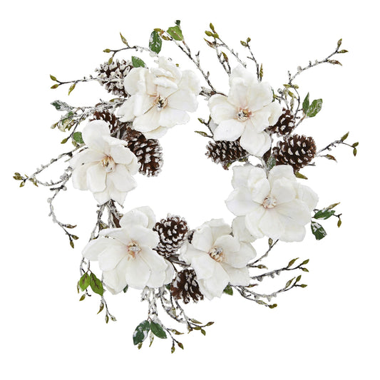 24" Snowed Magnolia & Pine Cone Wreath