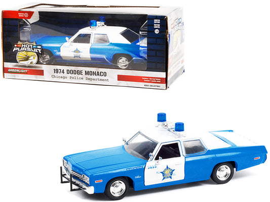 Greenlight 1974 Dodge Monaco Blue and White CPD "Chicago Police Department" (Illinois) "Hot Pursuit" Series 1/24 Diecast Model Car by Greenlight