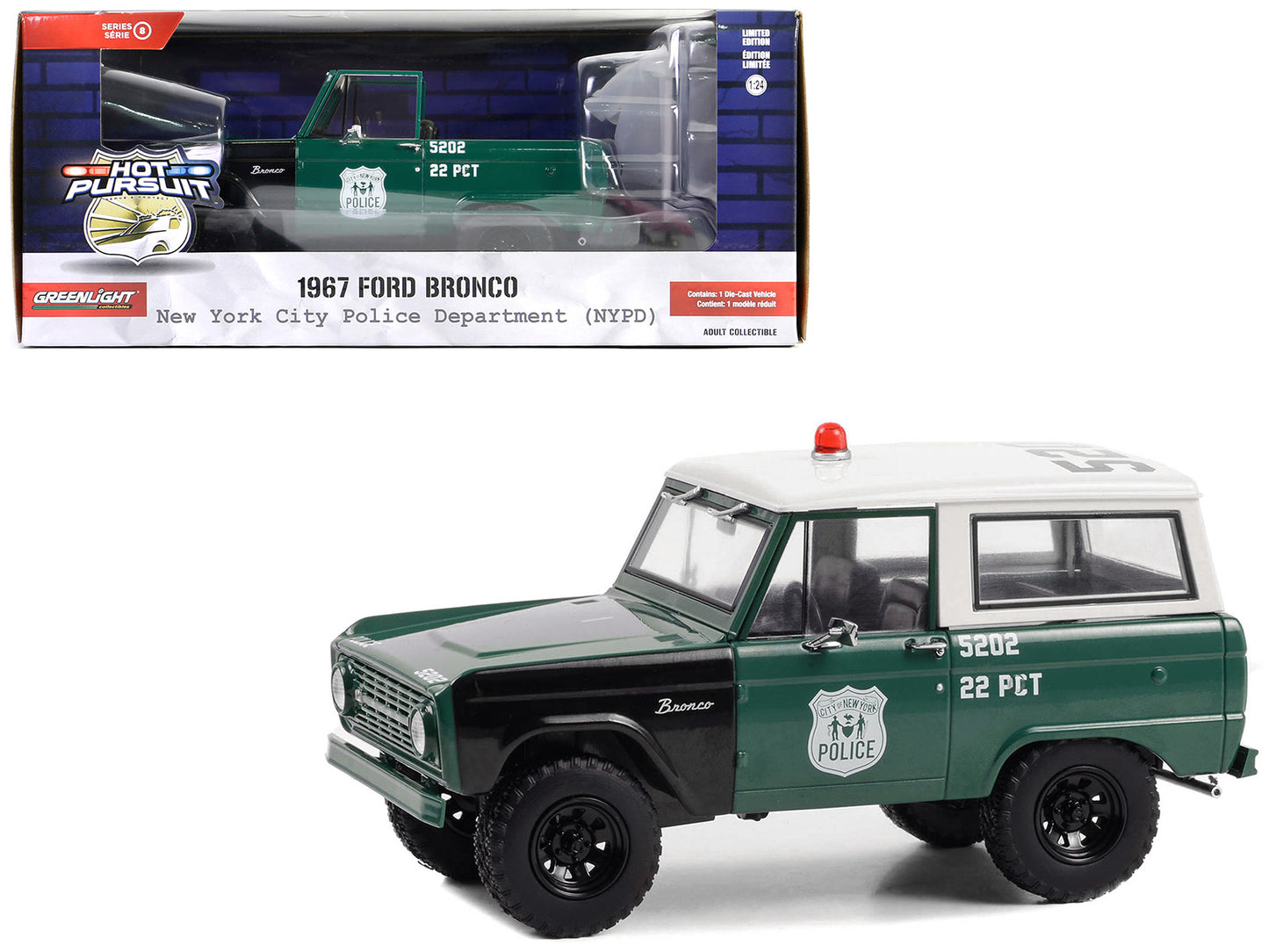 Greenlight 1967 Ford Bronco Green and Black with Tan Top "NYPD (New York City Police Department)" "Hot Pursuit" Series 8 1/24 Diecast Model Car by Greenlight