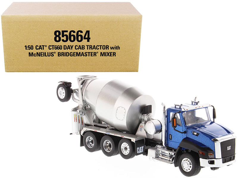 Diecast Masters CAT Caterpillar CT660 Day Cab Tractor with McNeilus Concrete Mixer Truck Blue Metallic 1/50 Diecast Model by Diecast Masters