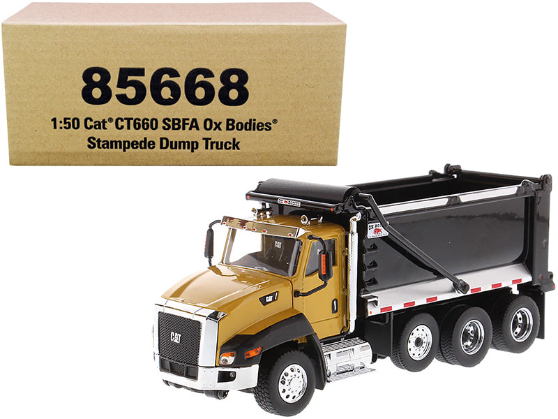 Diecast Masters CAT Caterpillar CT660 SBFA with Ox Bodies Stampede Dump Truck Yellow and Black 1/50 Diecast Model by Diecast Masters