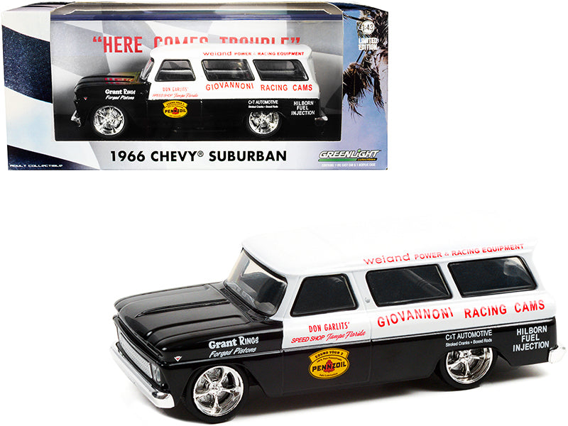 Greenlight 1966 Chevrolet Suburban Black and White "Don Garlits' Speed Shop Tampa Florida" Giovannoni Racing Cams 1/43 Diecast Model Car by Greenlight