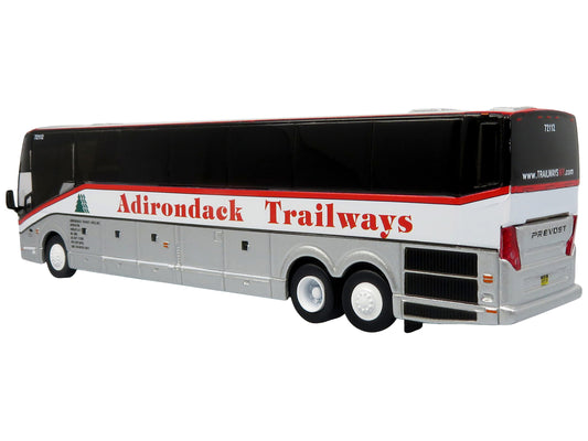 Iconic Replicas Prevost H3-45 Coach Bus "Adirondack Trailways" Silver Metallic and White with Red Stripes Limited Edition 1/87 (HO) Diecast Model by Iconic Replicas