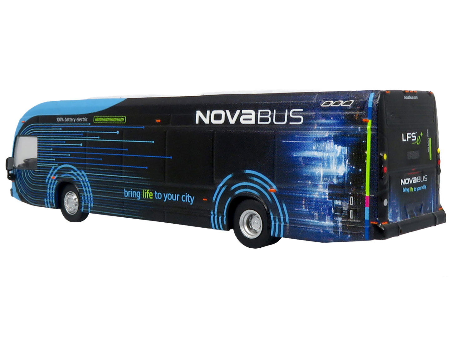Iconic Replicas Nova Bus LFSe Electric Transit Bus "Bring Life to Your City" Black and Blue with Graphics 1/87 (HO) Diecast Model by Iconic Replicas