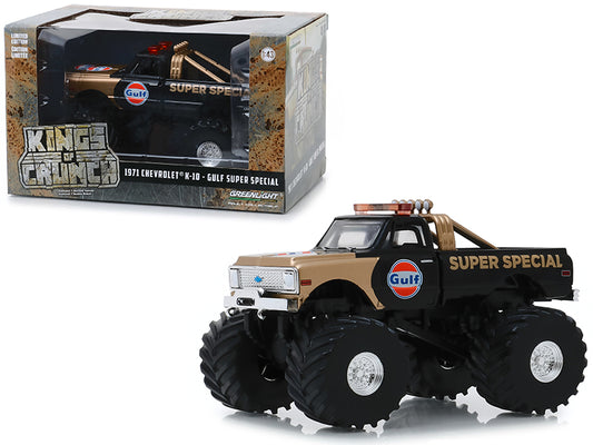 Greenlight 1971 Chevrolet K-10 Monster Truck "Gulf Super Special" Black and Gold with 66-Inch Tires "Kings of Crunch" 1/43 Diecast Model Car by Greenlight