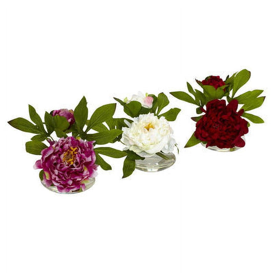6" Peony w/Glass Vase (Set of 3)