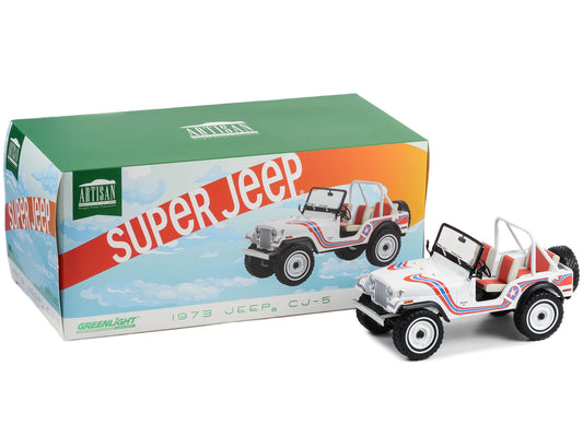 Greenlight 1973 Jeep CJ-5 "Super Jeep" White with Red and Blue Graphics "Artisan Collection" Series 1/18 Diecast Model Car by Greenlight