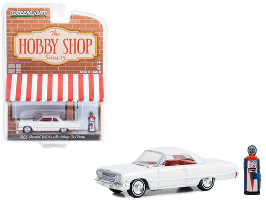Greenlight 1963 Chevrolet Bel Air White with Orange Interior and Vintage Gas Pump "The Hobby Shop" Series 15 1/64 Diecast Model Car by Greenlight