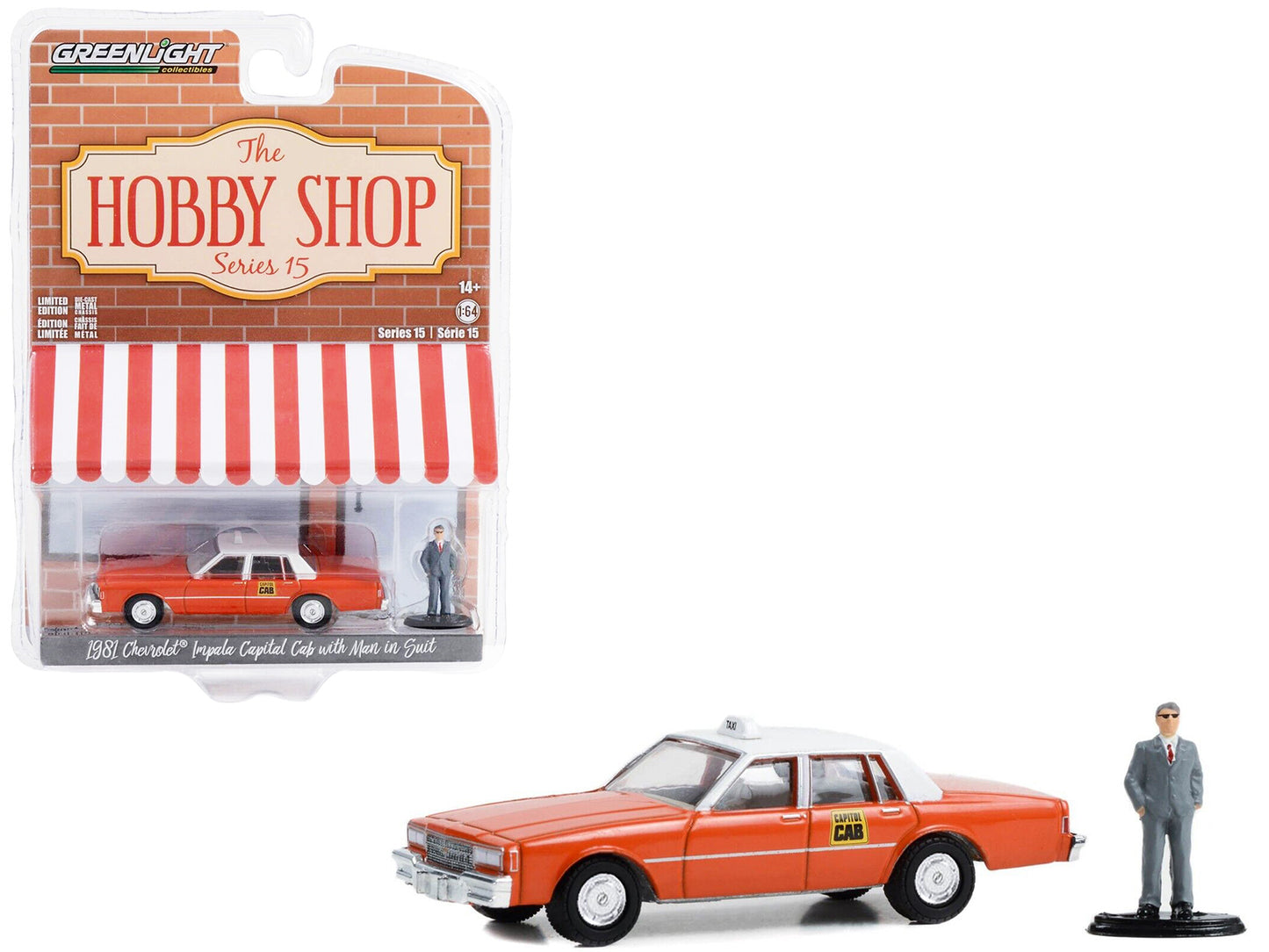 Greenlight 1981 Chevrolet Impala "Capitol Cab" Taxi Orange with White Top and Man in Suit Figure "The Hobby Shop" Series 15 1/64 Diecast Model Car by Greenlight