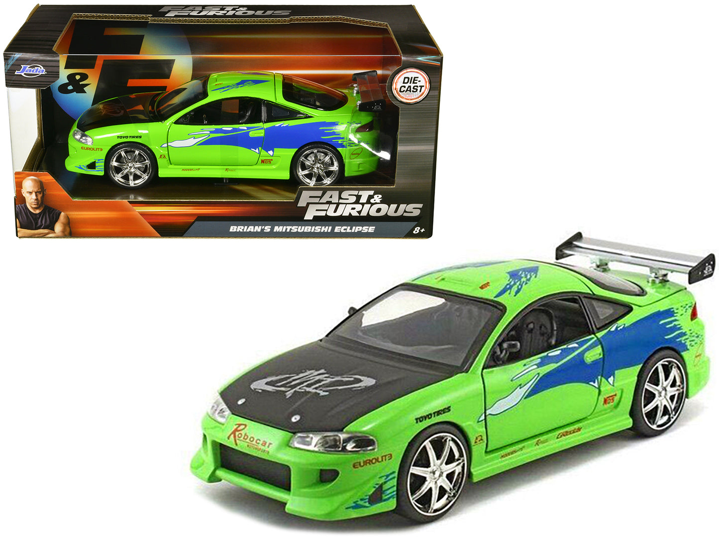 Jada Brian's Mitsubishi Eclipse Green with Black Hood and Graphics "The Fast and The Furious" (2001) Movie 1/24 Diecast Model Car by Jada
