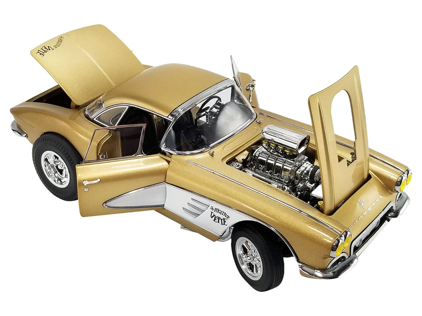 Acme 1961 Chevrolet Corvette Gasser "Rat Fink's The Fugitive Vette" Gold Metallic Limited Edition to 414 pieces Worldwide 1/18 Diecast Model Car by ACME