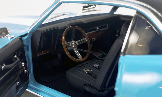 Acme 1969 Chevrolet Camaro Z/28 Carolina Blue with White Stripes and Black Vinyl Top Limited Edition to 264 pieces Worldwide 1/18 Diecast Model Car by ACME