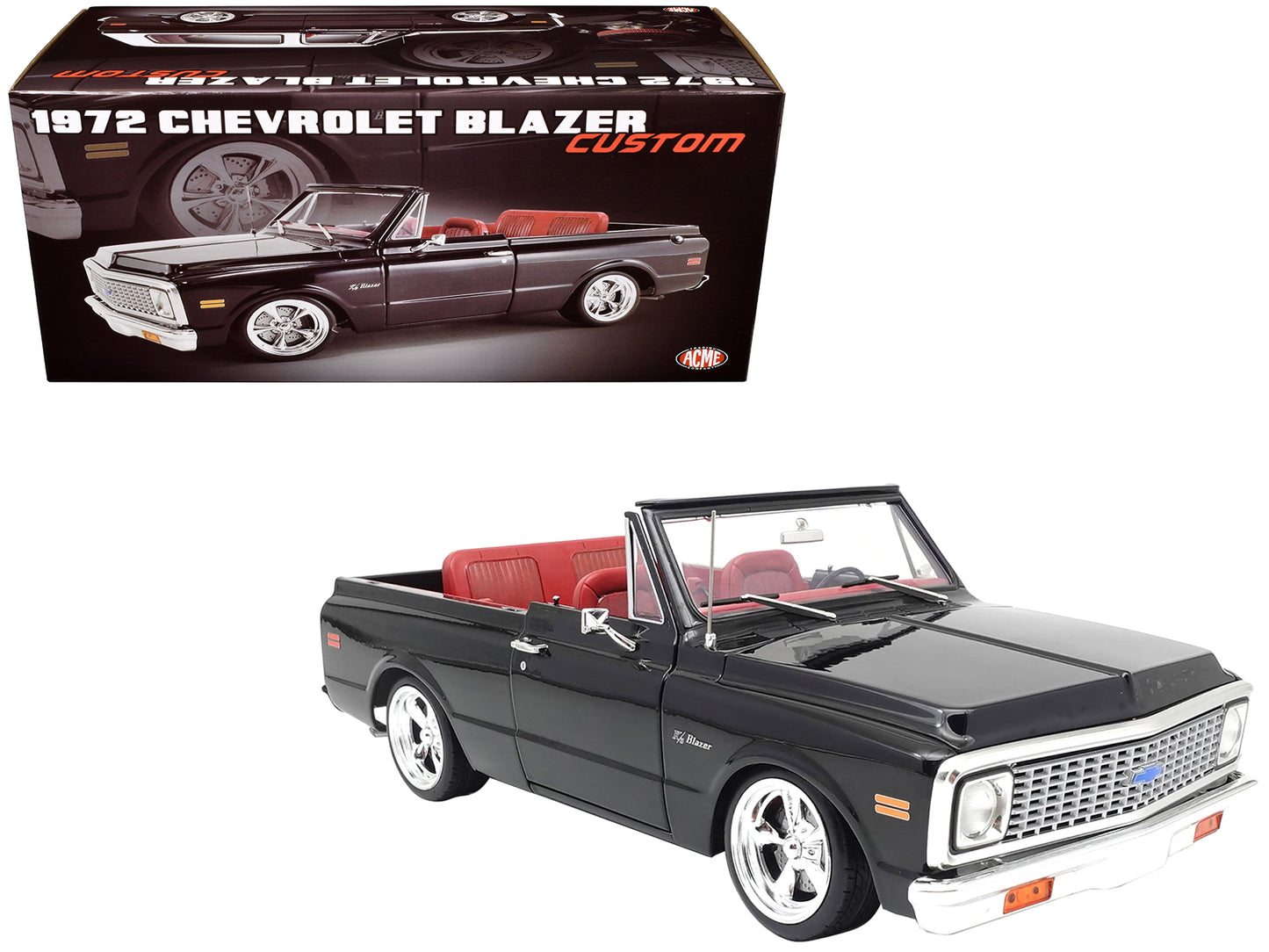 Acme 1972 Chevrolet Blazer Custom Black with White Top and Red Interior Limited Edition to 698 pieces Worldwide 1/18 Diecast Model Car by ACME