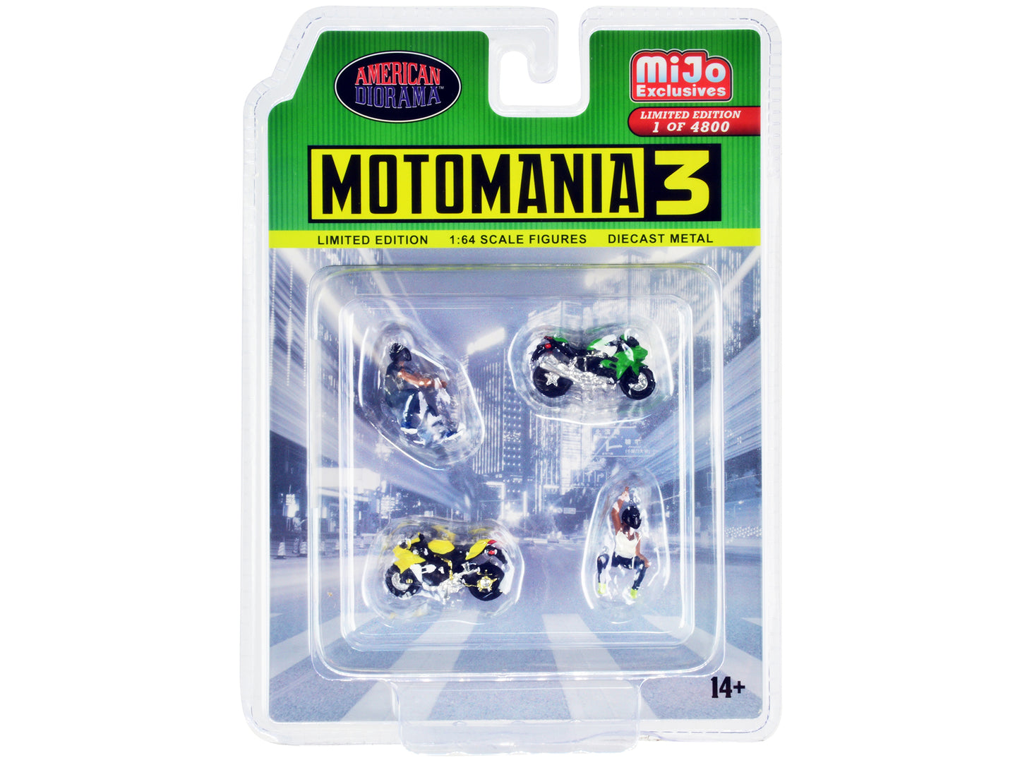 American Diorama "Motomania 3" 4 piece Diecast Set (2 Figures and 2 Motorcycles) Limited Edition to 4800 pieces Worldwide for 1/64 Scale Models by American Diorama