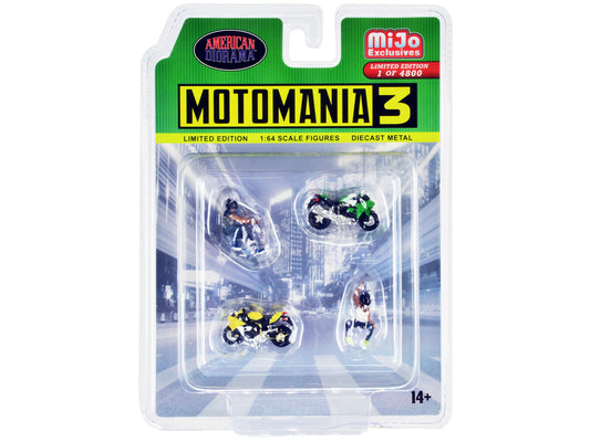 American Diorama "Motomania 3" 4 piece Diecast Set (2 Figures and 2 Motorcycles) Limited Edition to 4800 pieces Worldwide for 1/64 Scale Models by American Diorama