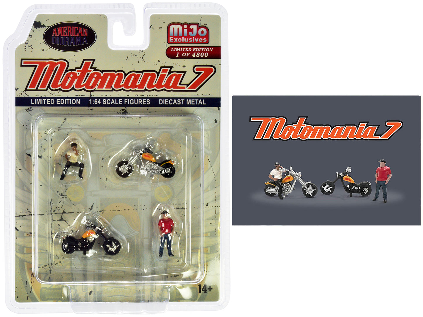 American Diorama "Motomania 7" 4 piece Diecast Figure Set (2 Figures 2 Motorcycles) Limited Edition to 4800 pieces Worldwide for 1/64 scale models by American Diorama