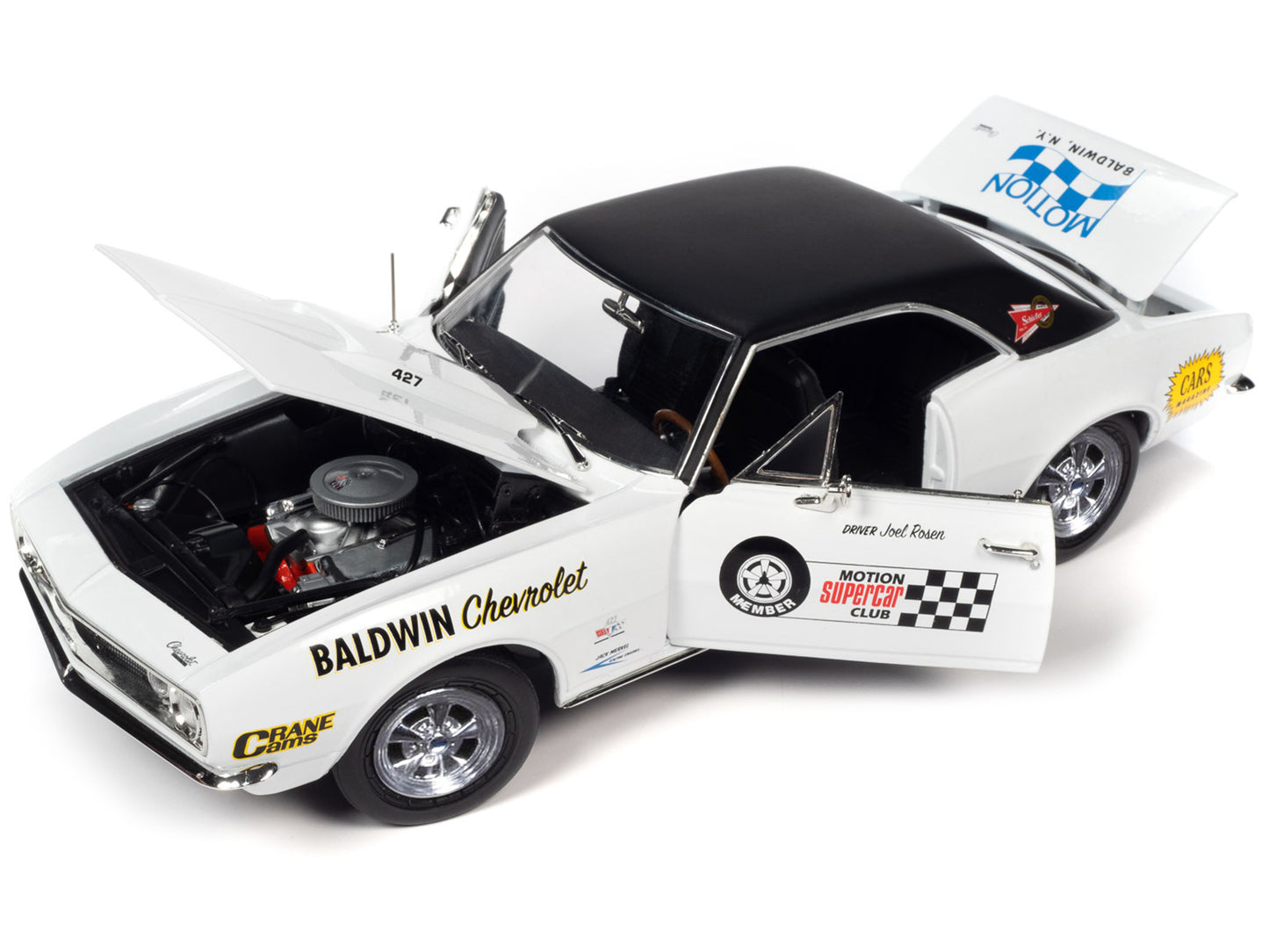 Autoworld 1967 Chevrolet Camaro SS Baldwin Motion Joel Rosen "Motion Supercar Club" White with Black Vinyl Top and Graphics 1/18 Diecast Model Car by Auto World