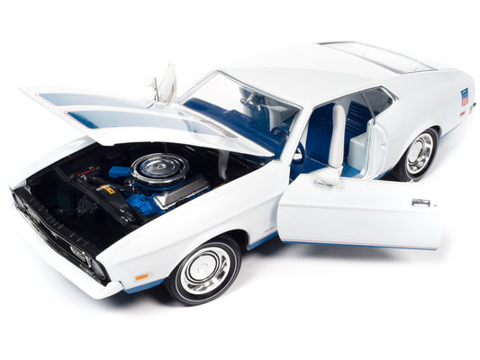 Autoworld 1972 Ford Mustang Sprint White with Blue Stripes "Class of 1972" "American Muscle" Series 1/18 Diecast Model Car by Auto World