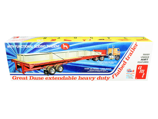 AMT Skill 3 Model Kit Great Dane Extendable Heavy Duty Flat Bed Trailer with Functional Sliding Tandem 1/25 Scale Model by AMT