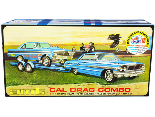 AMT Skill 2 Model Kit "Ford Cal Drag Team" Ford Galaxie with Ford Falcon Funny Car and Trailer Set of 3 Complete Kits 1/25 Scale Models by AMT