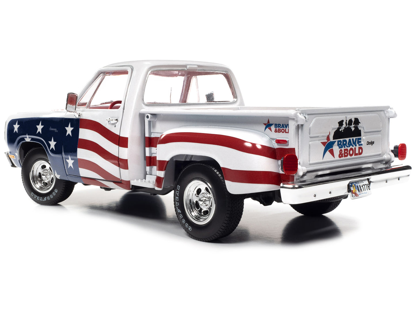 Autoworld 1980 Dodge D150 Adventurer Pickup Truck White with American Flag Graphics and Red Interior 1/18 Diecast Model Car by Auto World