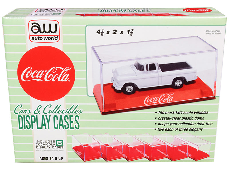 Autoworld 6 Collectible Acrylic Display Show Cases with Red Plastic Bases with 3 Different Slogans "Coca-Cola" for 1/64 Scale Model Cars by Auto World